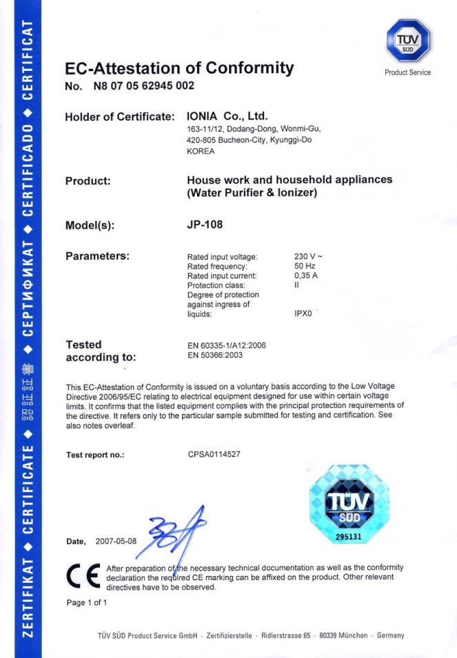 certificato di conformità (CE UE) per ionizzatori d'acqua AlkaViva / IonWays / EmcoTech 