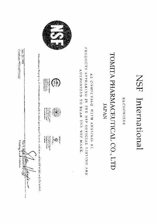 Certificato NSF international per purificatori(filtri) - ionizzatori d'acqua AlkaViva EmcoTech(Jupiter) per filtri d'acqua Jupiter